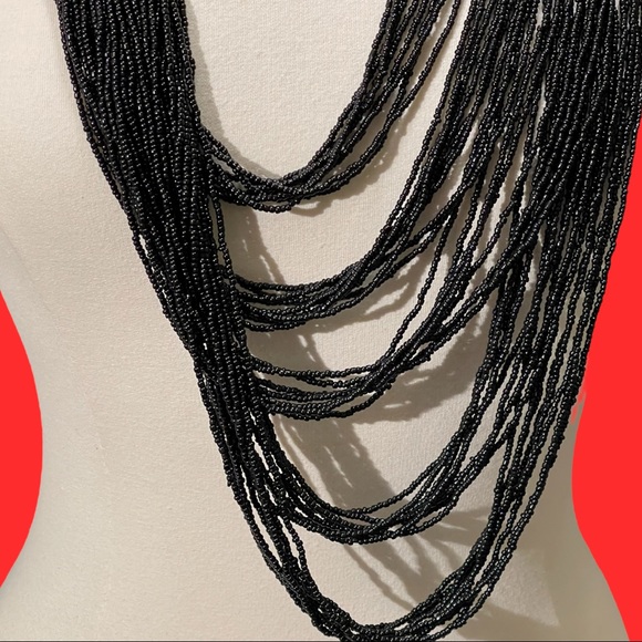 Long Multi Strand Black Bead Necklace With Stones - Picture 3 of 4